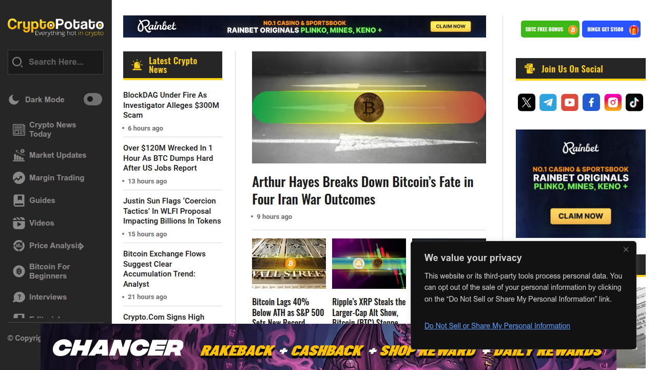 A screenshot of the CryptoPotato homepage, a prominent source for cryptocurrency news and reviews, including comparisons of crypto tax software, useful for tool selection.