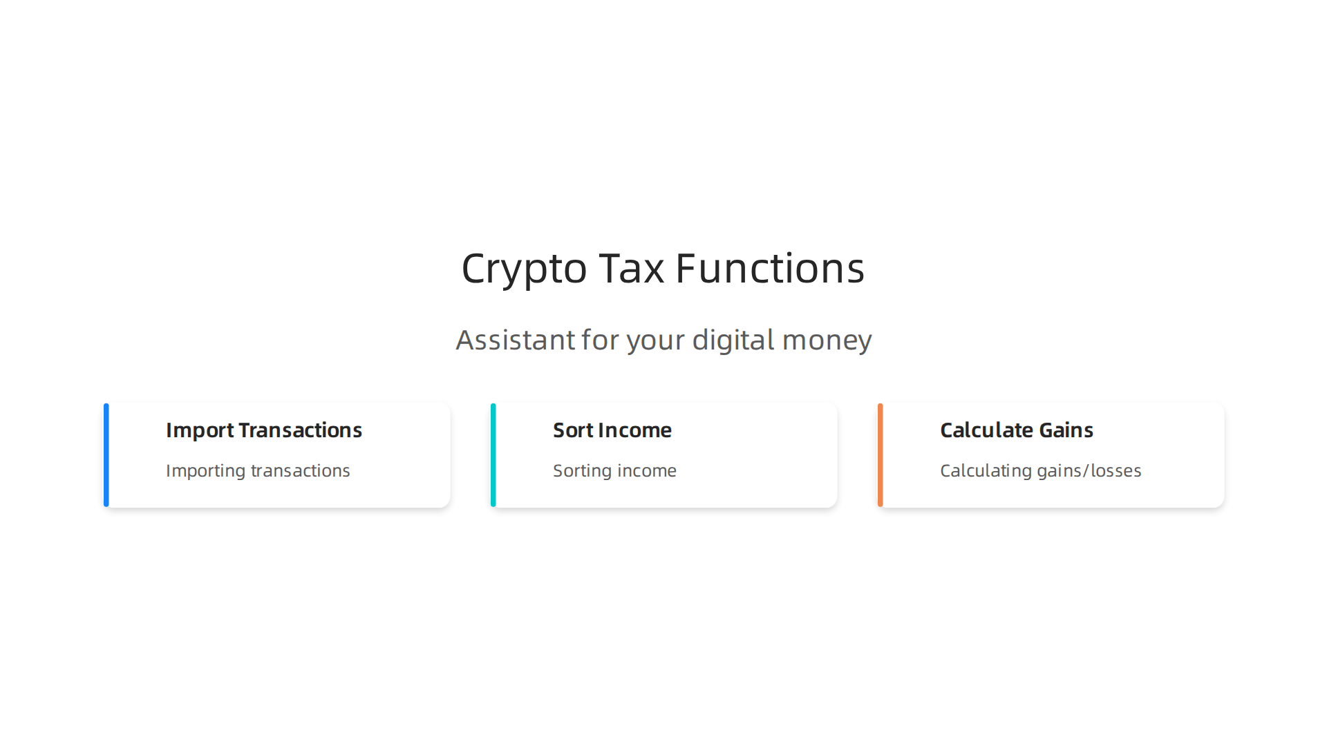 An infographic illustrating the core functions of a crypto tax calculator, from importing transactions to sorting income and calculating gains/losses.