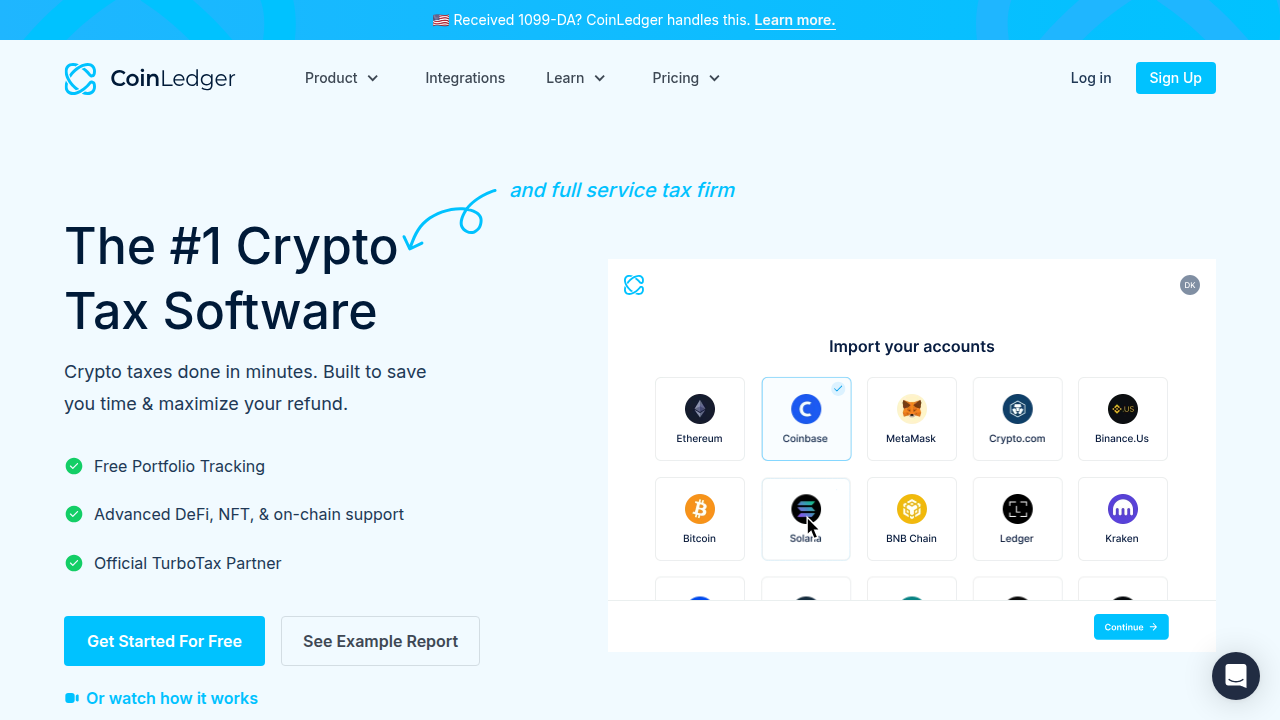 The CoinLedger website, a popular platform for importing crypto transactions and generating tax reports.