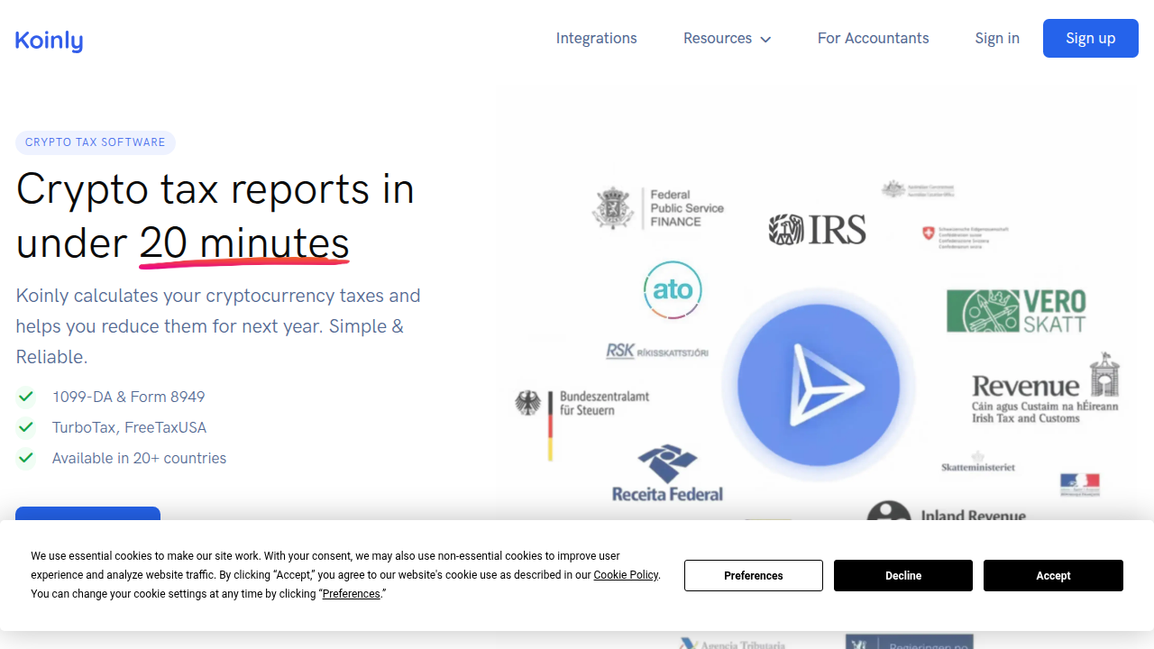 The Koinly website, offering crypto tax software for tracking, calculating, and reporting cryptocurrency taxes.