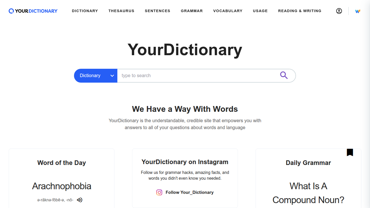 The homepage of YourDictionary.com, an online resource for definitions and grammar explanations.