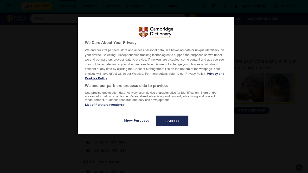 A screenshot of the Cambridge Dictionary page showing the pronunciation of "we're" in different English accents.