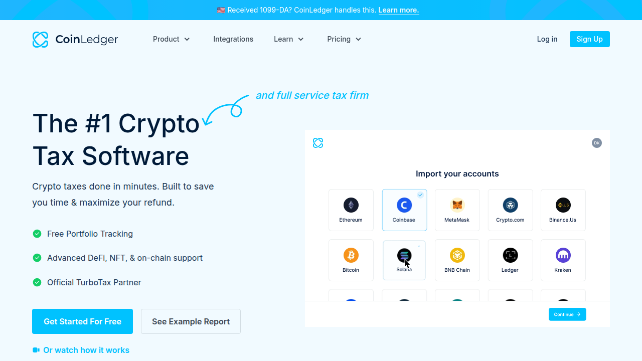 The homepage of CoinLedger, a cryptocurrency tax software platform, demonstrating a tool used to help individuals manage their crypto tax obligations.