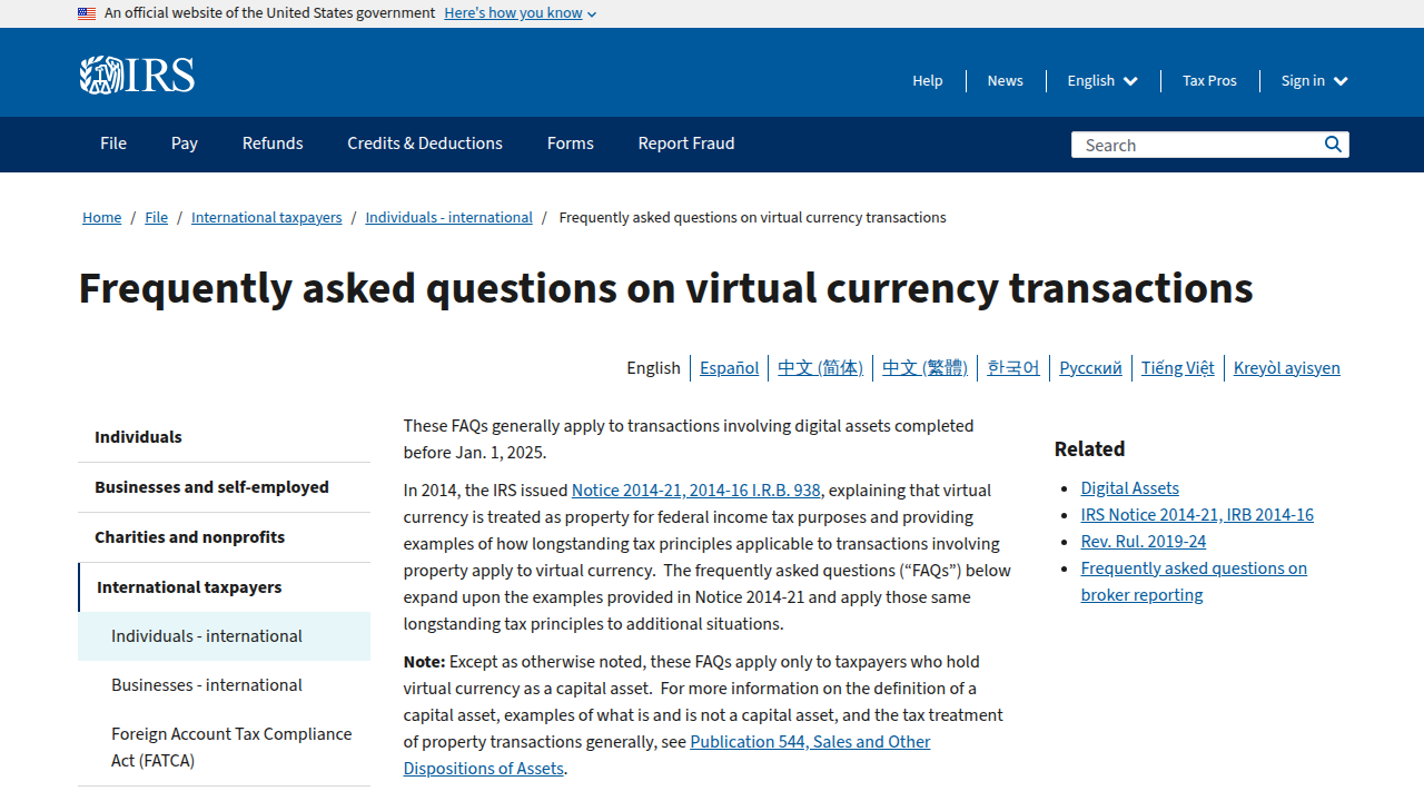 A screenshot of the Internal Revenue Service (IRS) website, specifically their frequently asked questions page on virtual currency transactions, outlining official tax guidance.
