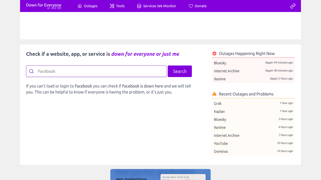 An example of a free online tool, Down For Everyone Or Just Me, where users can quickly check the status of a website.