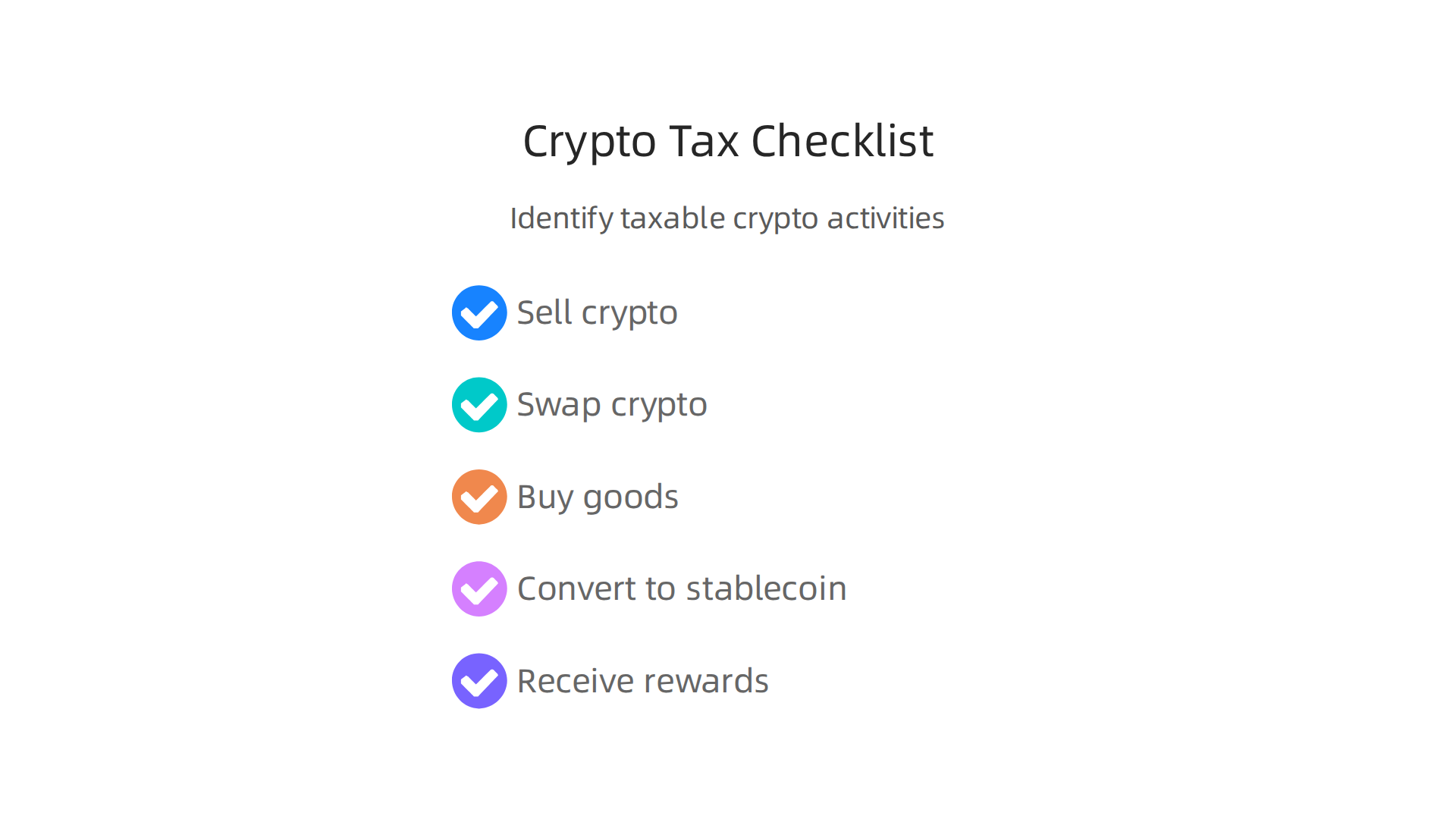A simple checklist helps identify which crypto activities, from selling to receiving rewards, are likely considered taxable events.
