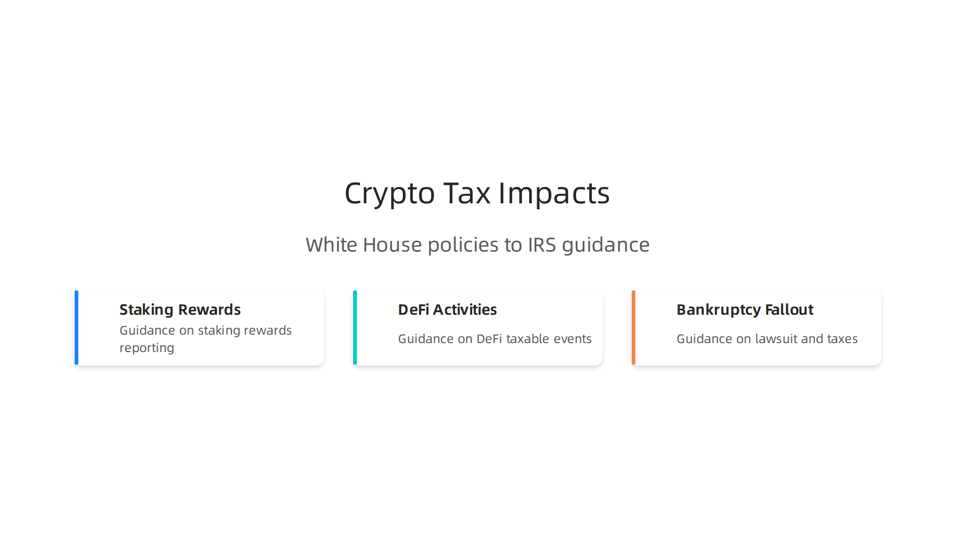 Understanding how recent White House crypto policies directly translate into new IRS guidance for taxable events like staking rewards, DeFi activities, and bankruptcy fallout.