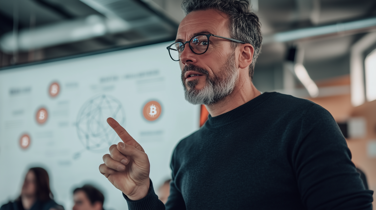 A person confidently reviewing crypto charts and data on a computer, symbolizing proactive and informed financial management.